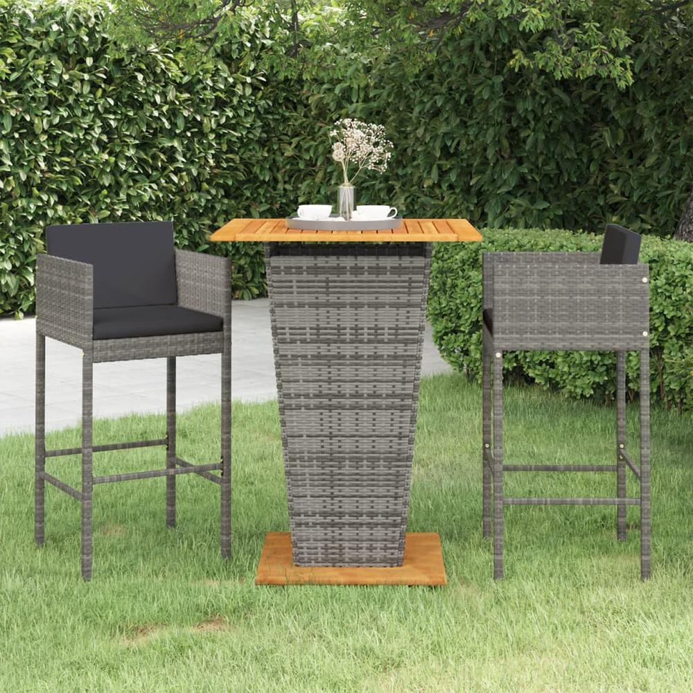 vidaXL 3 Piece Patio Bar Set with Cushions Poly Rattan Gray, 3094803. Picture 1