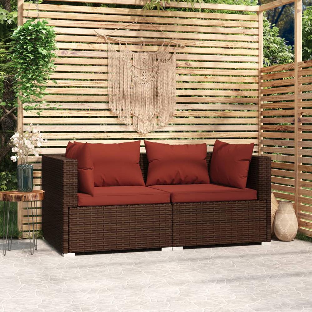 vidaXL 2-Seater Sofa with Cushions Brown Poly Rattan, 317542. Picture 1