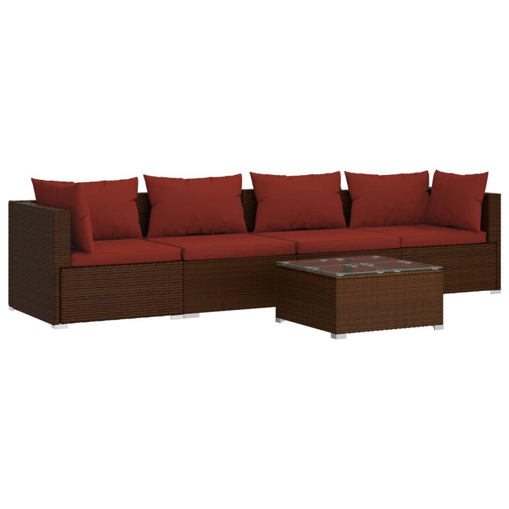 vidaXL 5 Piece Patio Lounge Set with Cushions Poly Rattan Brown, 3101435. Picture 2