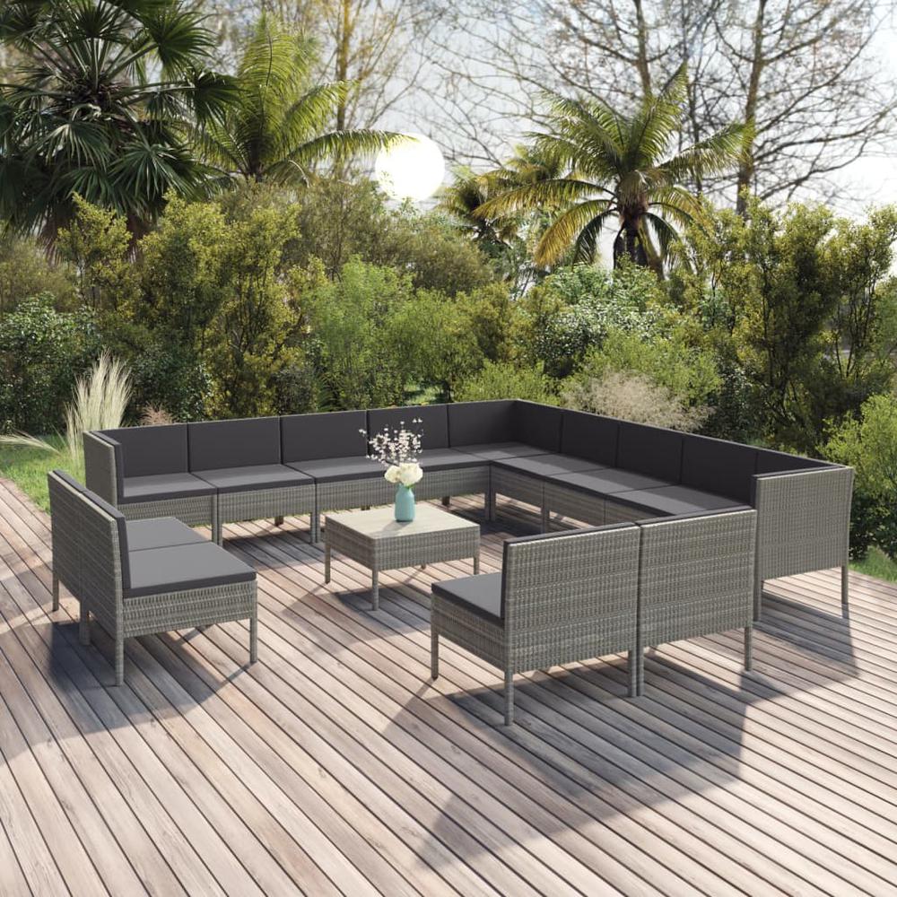 vidaXL 14 Piece Patio Lounge Set with Cushions Poly Rattan Gray, 3094490. Picture 1