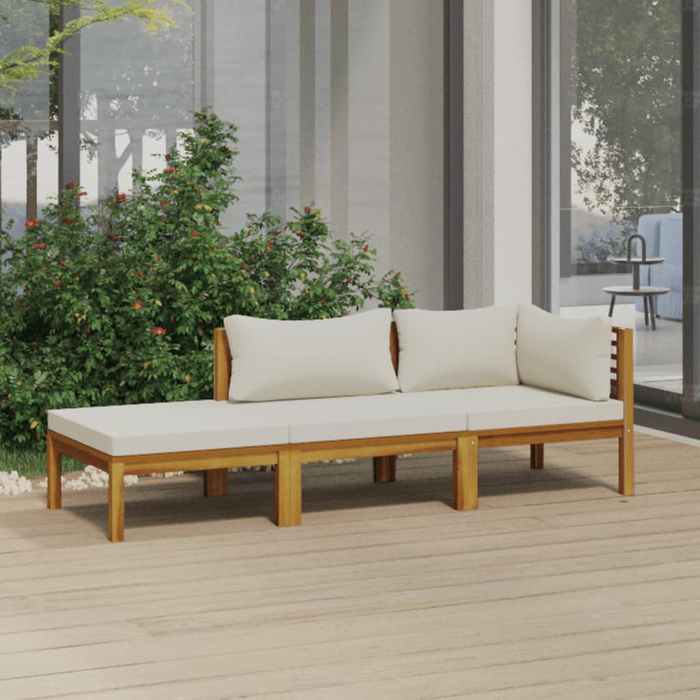 vidaXL 3 Piece Patio Lounge Set with Cream Cushion Solid Acacia Wood, 3086953. Picture 1