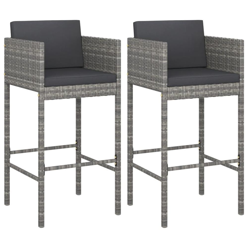 vidaXL Bar Stools 2 pcs with Cushions Gray Poly Rattan. Picture 2