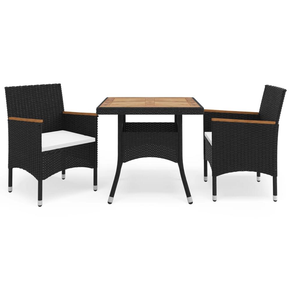 vidaXL 3 Piece Patio Dining Set Black Poly Rattan and Acacia Wood, 3058316. Picture 1