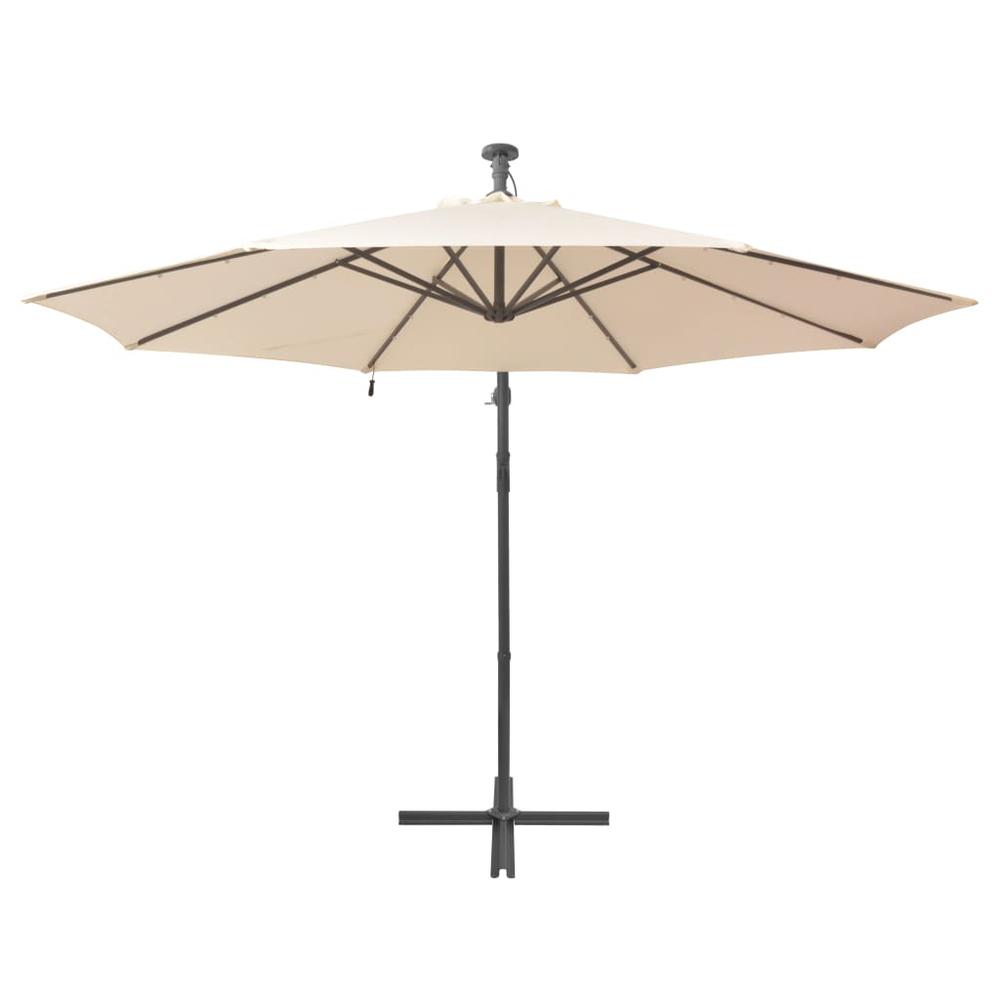 vidaXL Hanging Parasol with LED Lighting 118.1" Sand Metal Pole. Picture 4