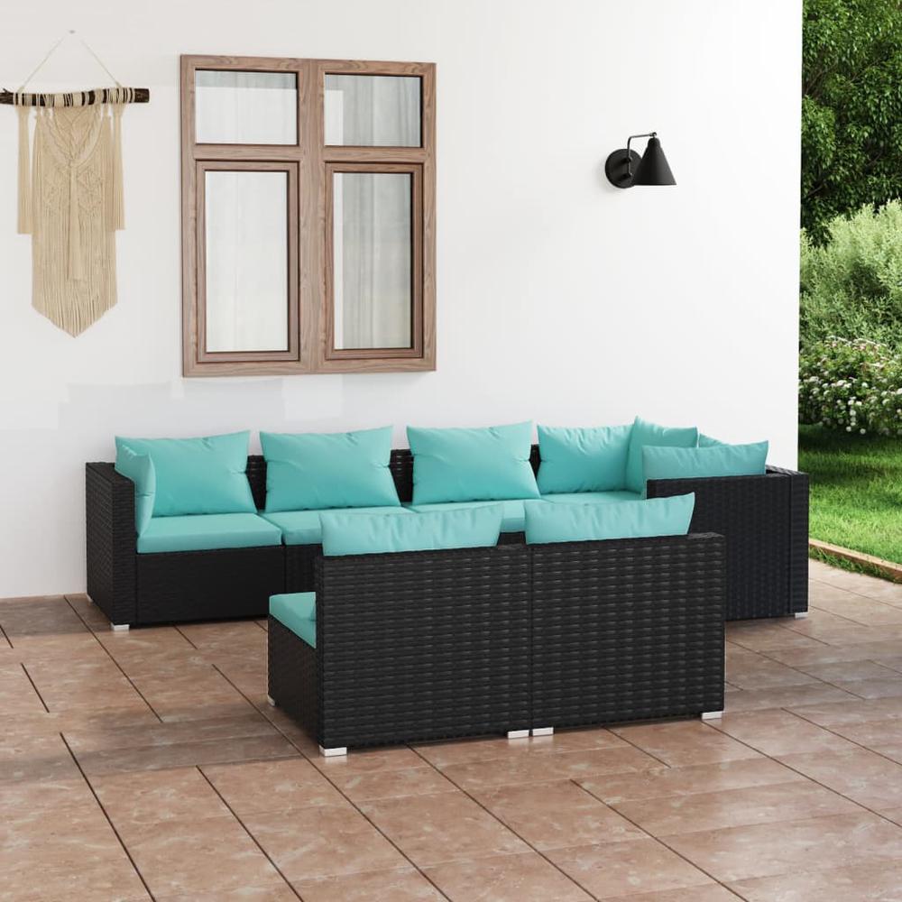 vidaXL 7 Piece Patio Lounge Set with Cushions Black Poly Rattan, 3102385. Picture 1