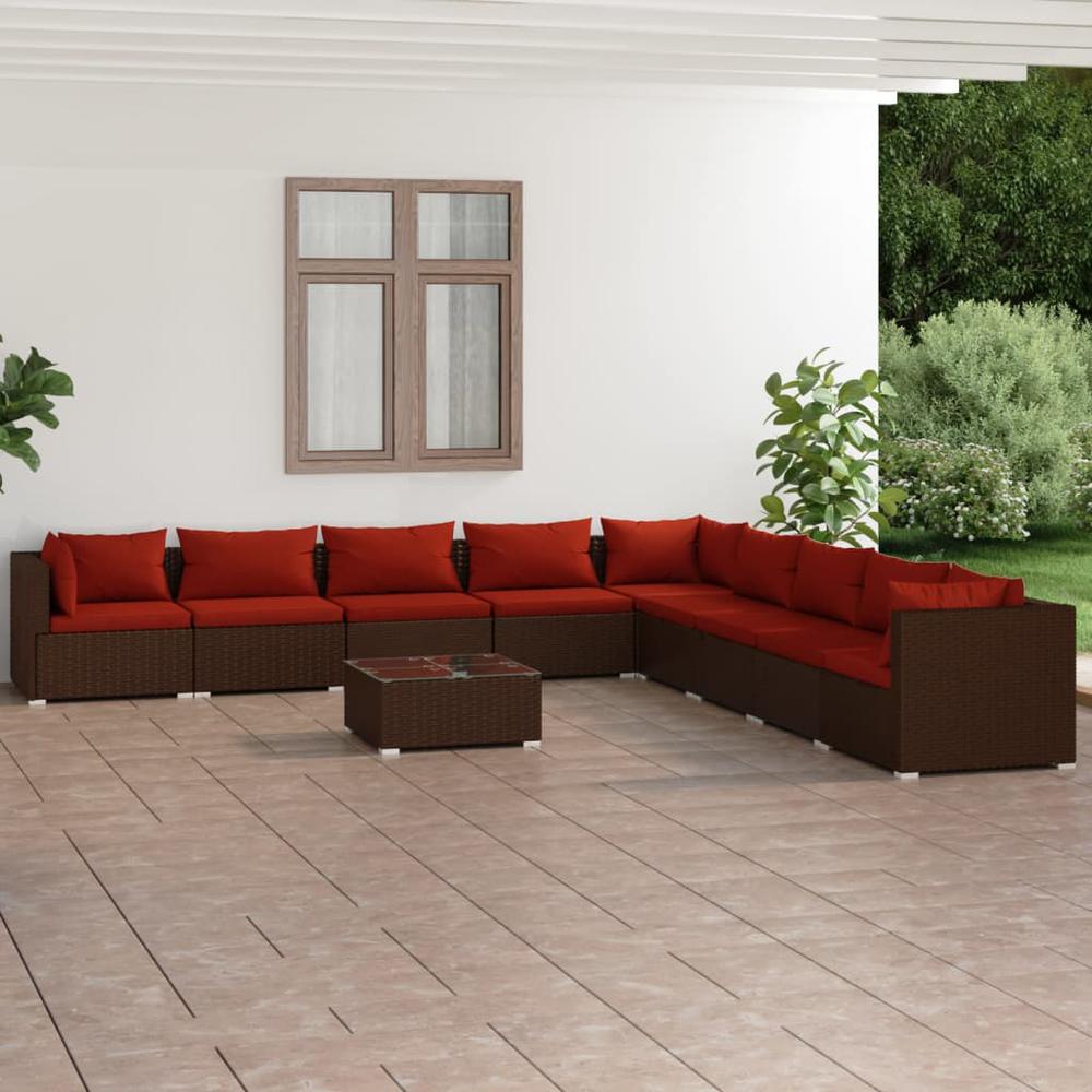 vidaXL 10 Piece Patio Lounge Set with Cushions Poly Rattan Brown, 3101795. Picture 1