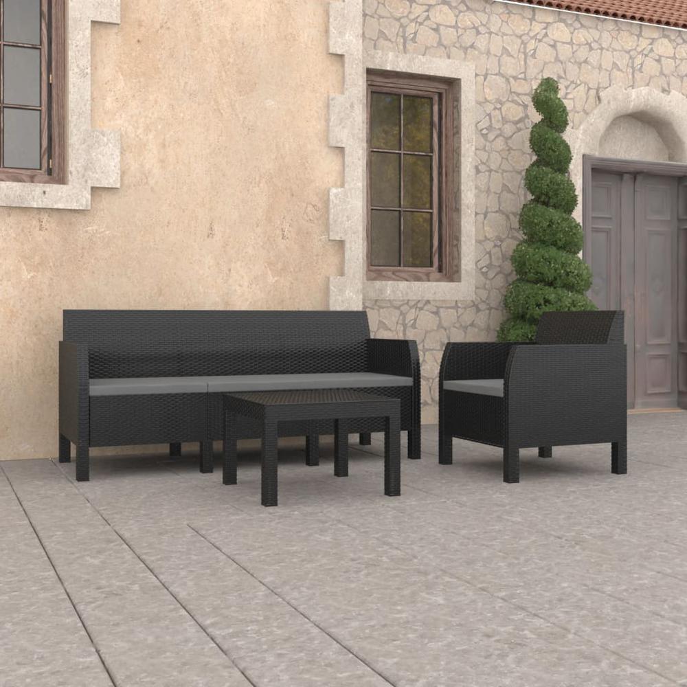 vidaXL 3 Piece Patio Lounge Set with Cushions PP Rattan Anthracite, 3079678. Picture 1