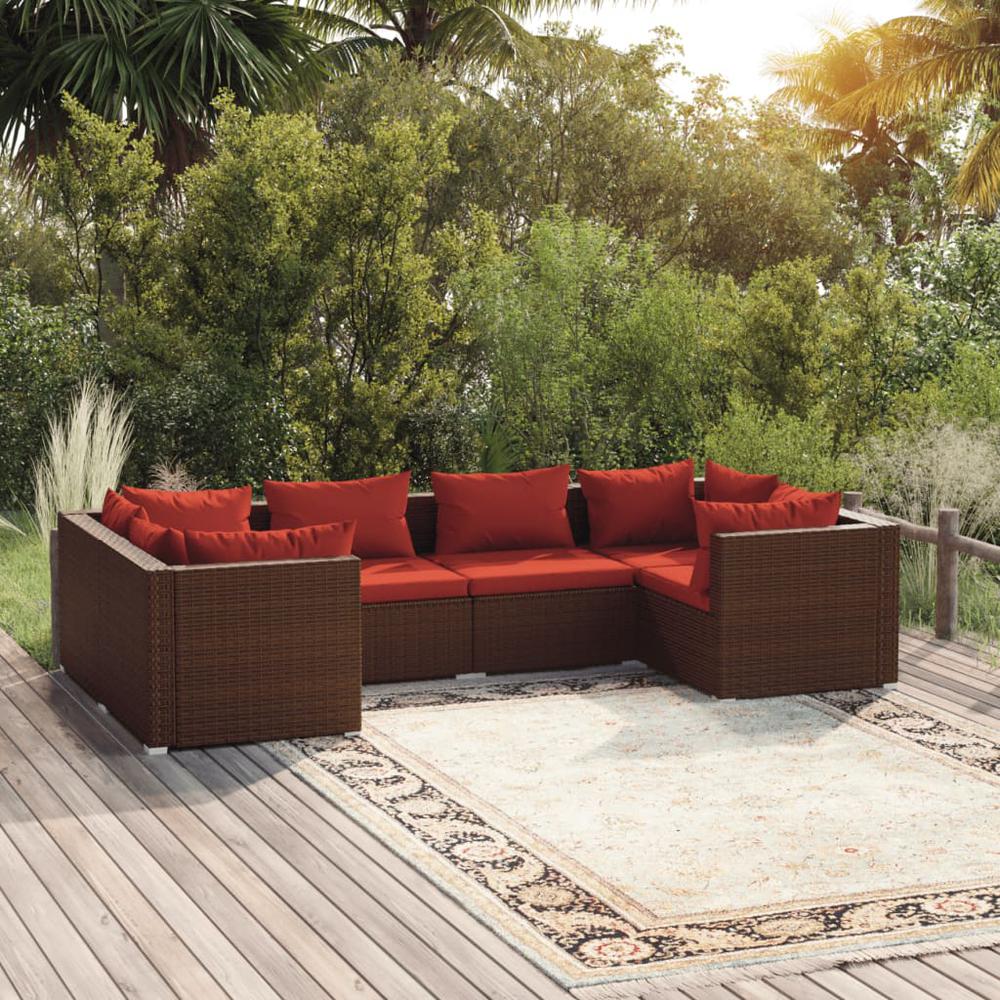 vidaXL 6 Piece Patio Lounge Set with Cushions Poly Rattan Brown, 3101939. Picture 1