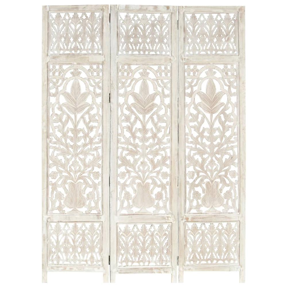 vidaXL Hand carved 3-Panel Room Divider White 47.2"x65" Solid Mango Wood, 285330. Picture 1