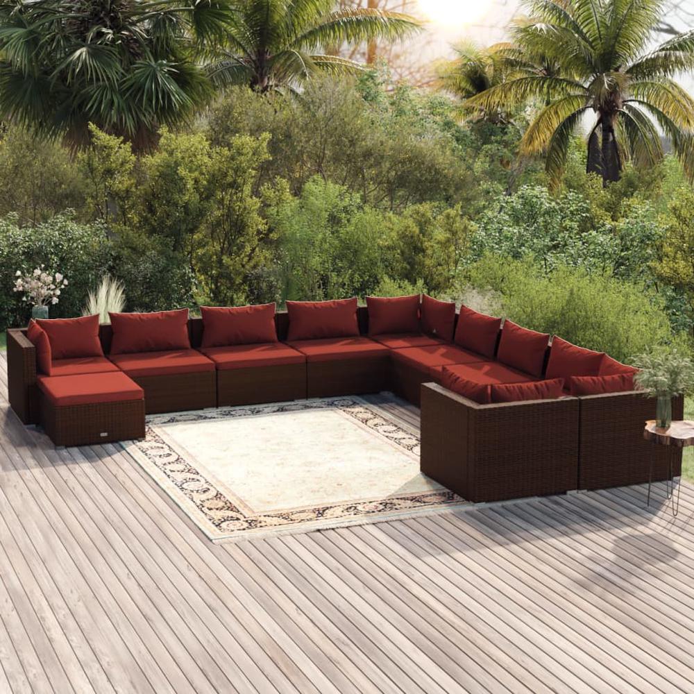 vidaXL 11 Piece Patio Lounge Set with Cushions Poly Rattan Brown, 3102707. Picture 1
