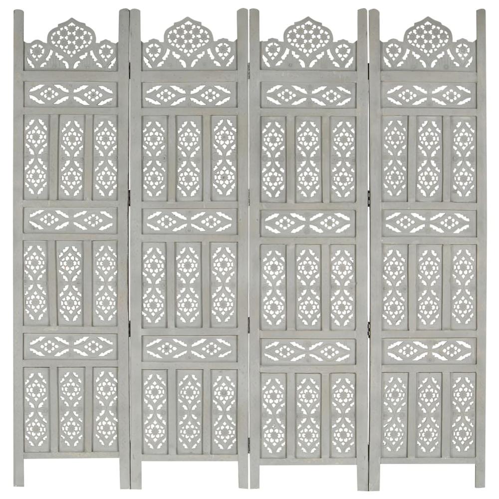 vidaXL Hand carved 4-Panel Room Divider Gray 63"x65" Solid Mango Wood, 285322. Picture 1