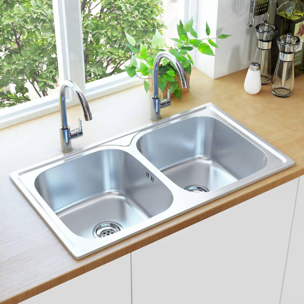 vidaXL Kitchen Sink Double Basin with Strainer & Trap Stainless Steel. Picture 1