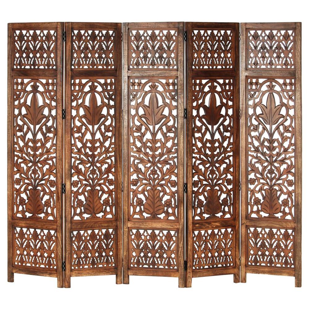 vidaXL Hand Carved 5-Panel Room Divider Brown 78.7"x65" Solid Mango Wood, 285335. Picture 2