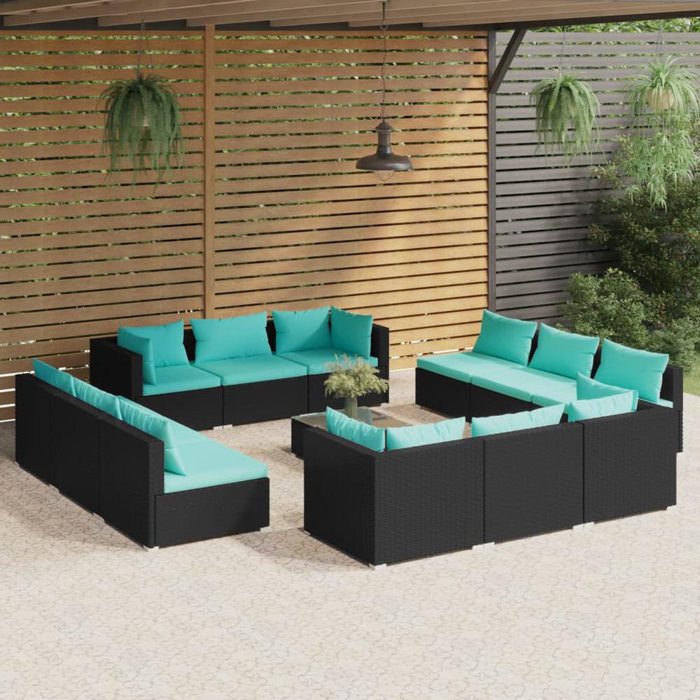 vidaXL 13 Piece Patio Lounge Set with Cushions Poly Rattan Black, 3101593. Picture 1