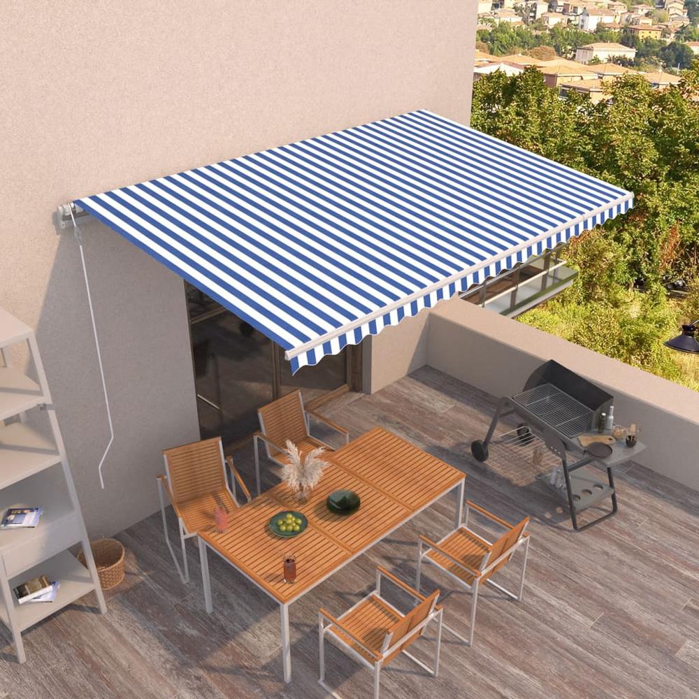 vidaXL Automatic Retractable Awning 196.9"x118.1" Blue and White. Picture 1
