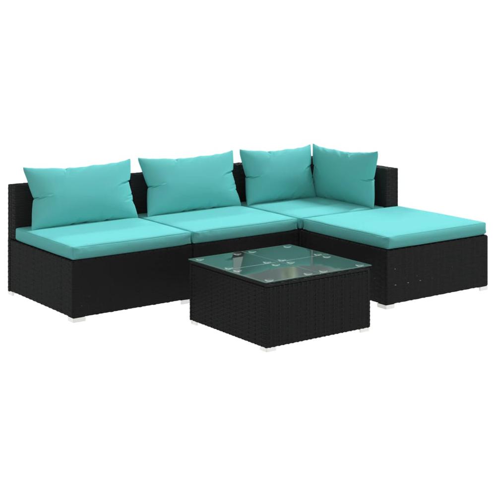 vidaXL 5 Piece Patio Lounge Set with Cushions Poly Rattan Black, 3101617. Picture 2