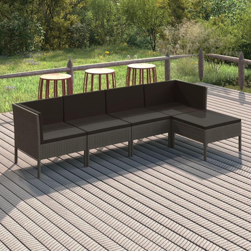 vidaXL 5 Piece Patio Lounge Set with Cushions Poly Rattan Gray, 3094382. Picture 1