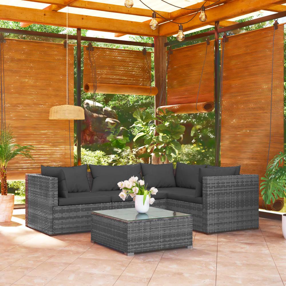 vidaXL 5 Piece Patio Lounge Set with Cushions Poly Rattan Gray, 3101685. Picture 1