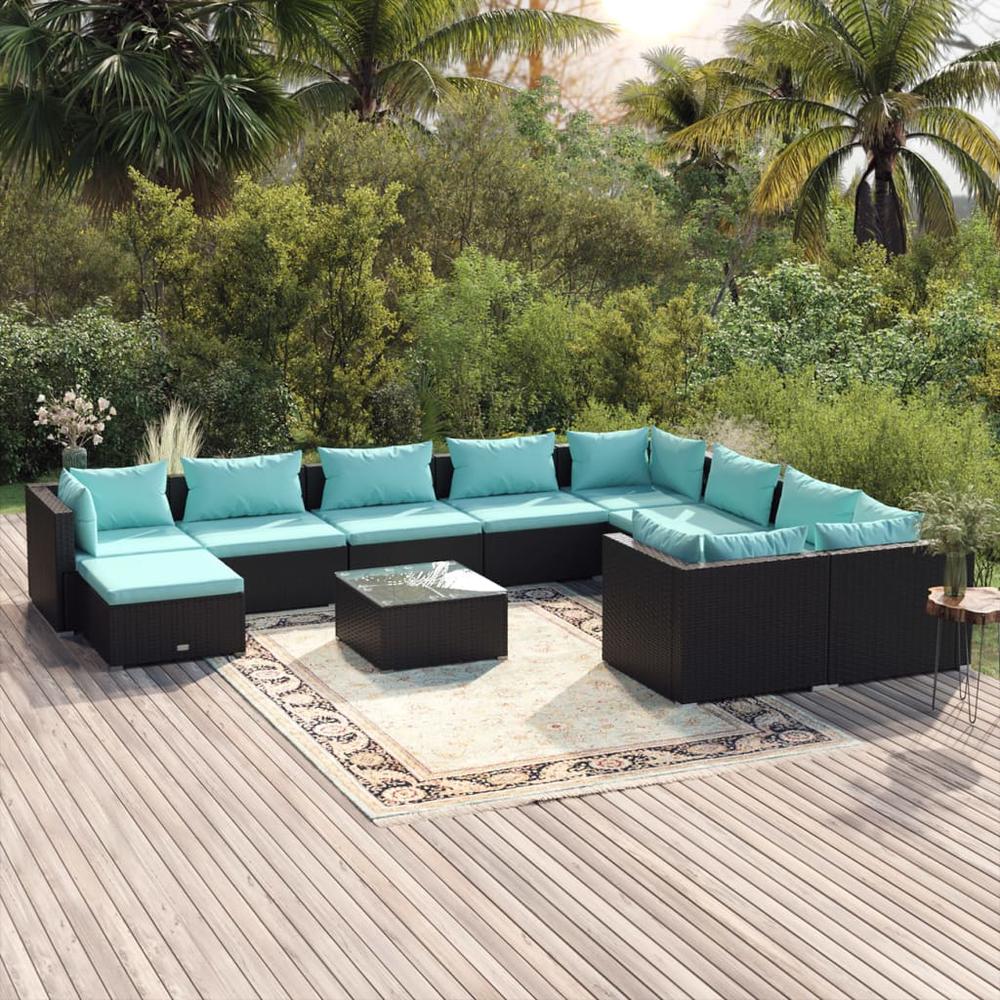 vidaXL 11 Piece Patio Lounge Set with Cushions Poly Rattan Black, 3102689. Picture 1