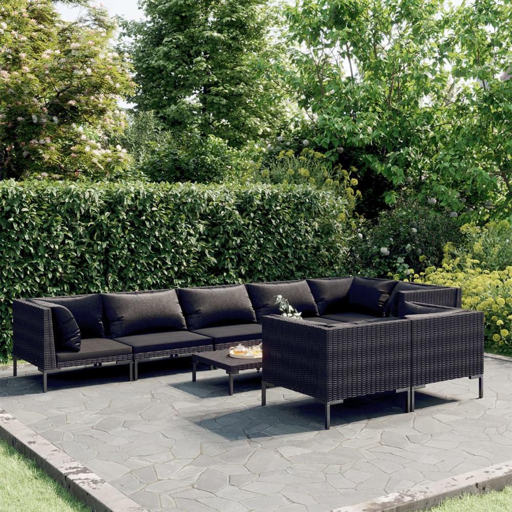 vidaXL 9 Piece Patio Lounge Set with Cushions Poly Rattan Dark Gray, 3099867. Picture 1