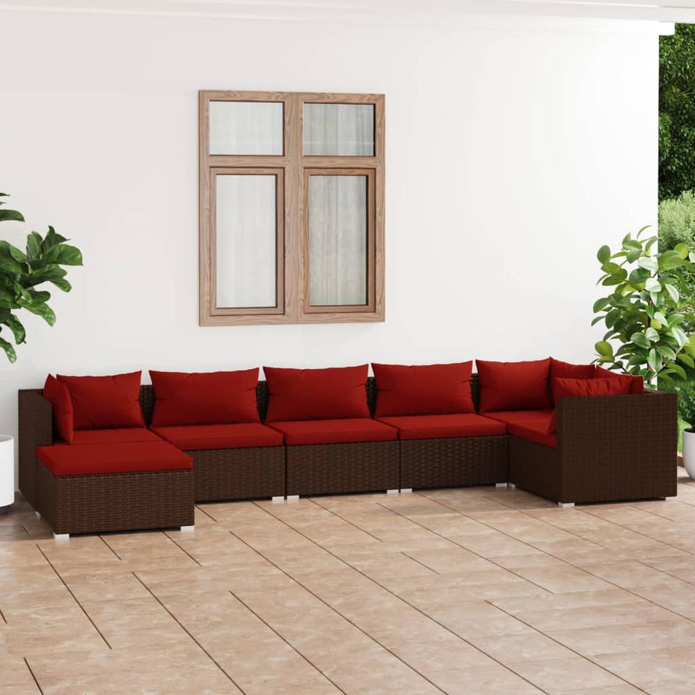 vidaXL 7 Piece Patio Lounge Set with Cushions Poly Rattan Brown, 3101827. Picture 1
