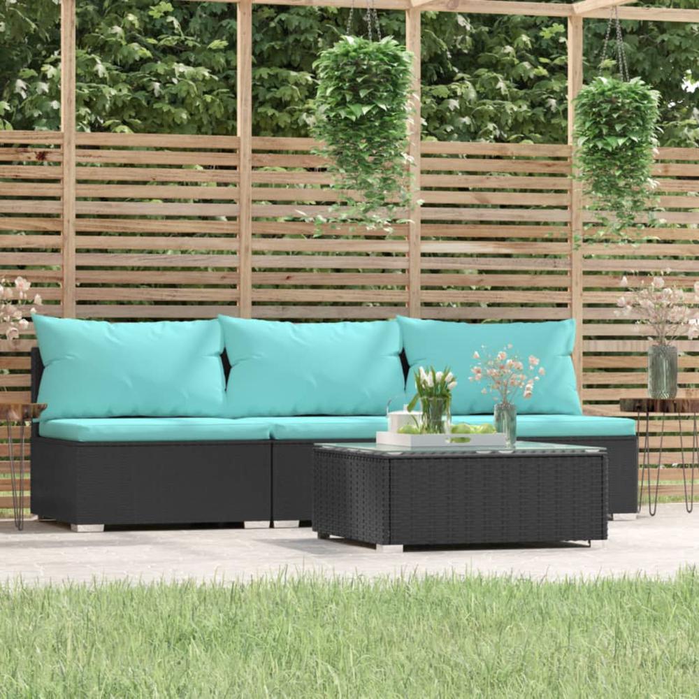 vidaXL 4 Piece Patio Lounge Set with Cushions Black Poly Rattan, 317540. Picture 1
