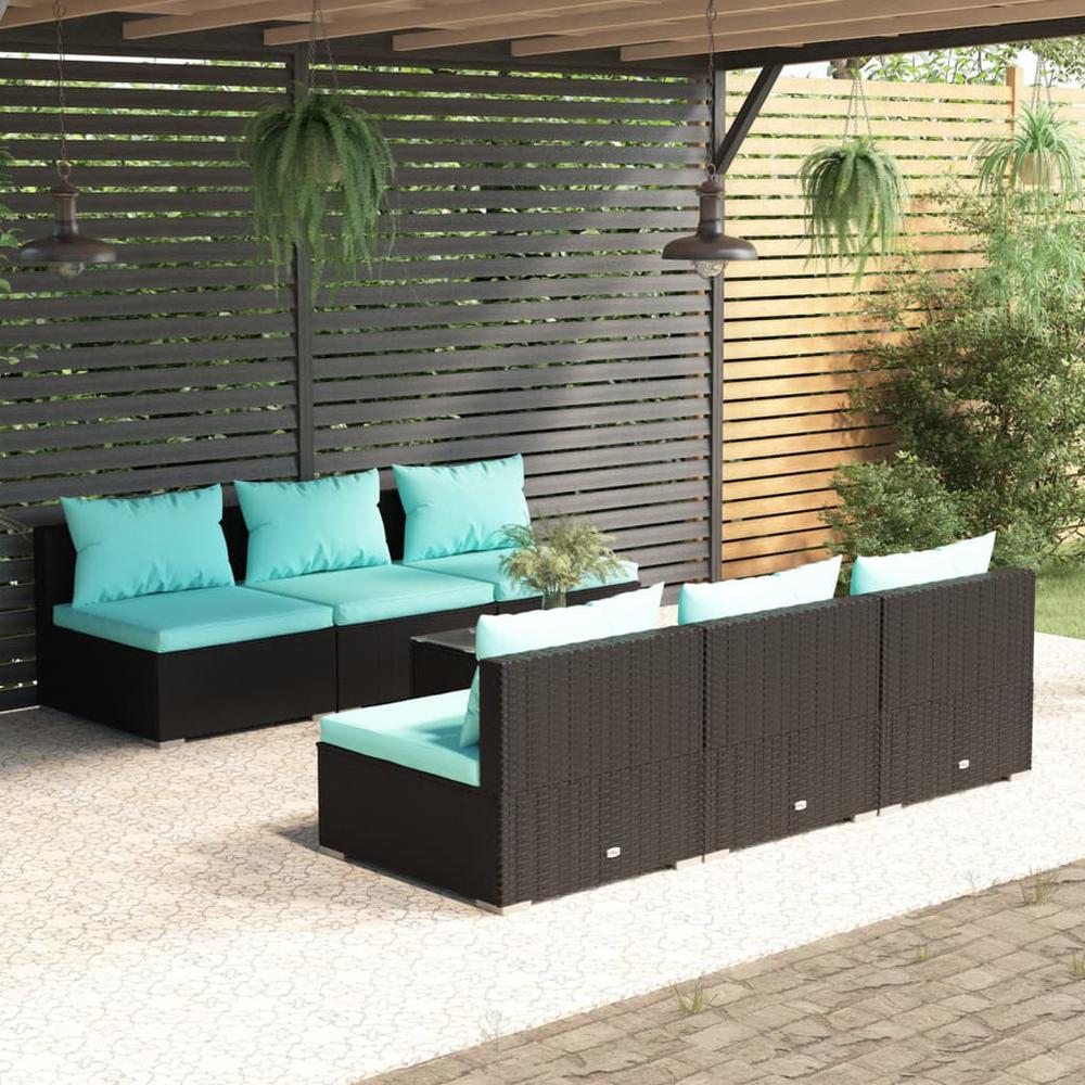 vidaXL 7 Piece Patio Lounge Set with Cushions Poly Rattan Black, 3101457. Picture 1