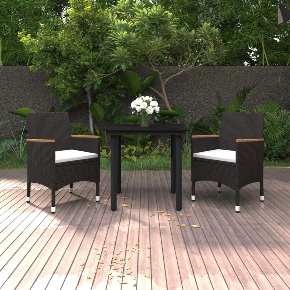 vidaXL 3 Piece Patio Dining Set with Cushions Poly Rattan and Glass, 3099769. Picture 1