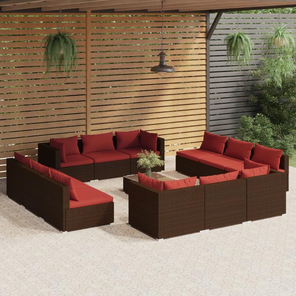 vidaXL 13 Piece Patio Lounge Set with Cushions Poly Rattan Brown, 3101595. Picture 1