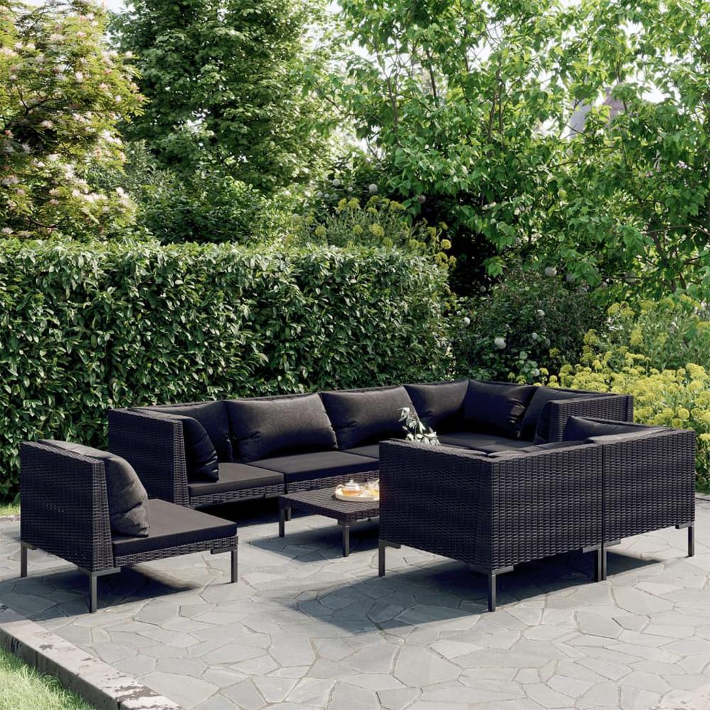 vidaXL 9 Piece Patio Lounge Set with Cushions Poly Rattan Dark Gray, 3099873. The main picture.