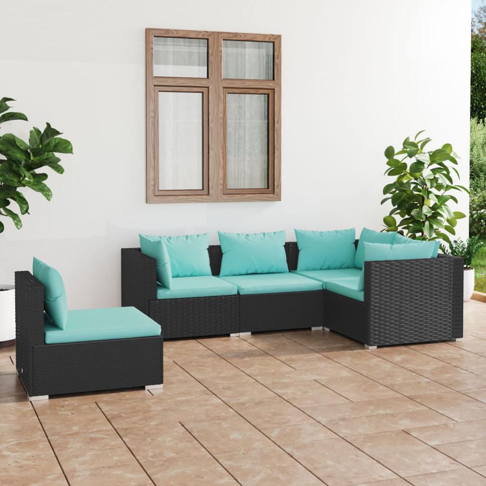 vidaXL 5 Piece Patio Lounge Set with Cushions Poly Rattan Black, 3102313. Picture 1