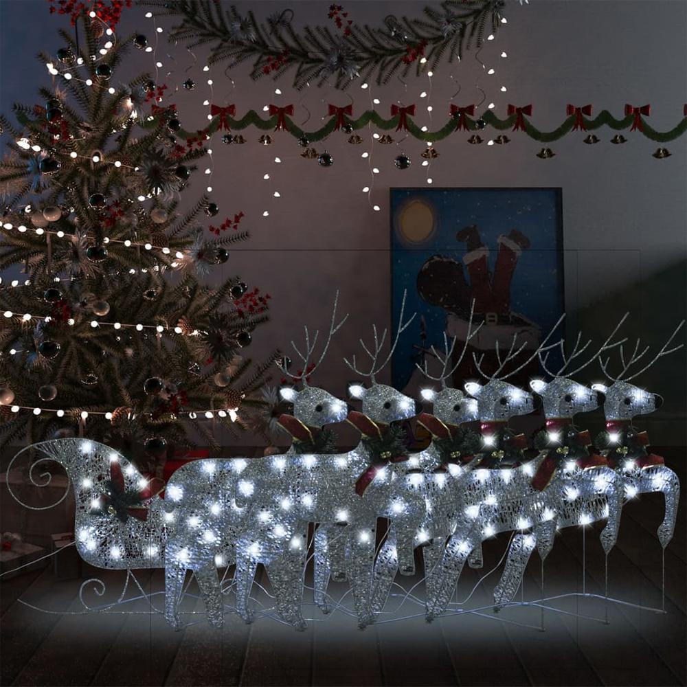 vidaXL Reindeer & Sleigh Christmas Decoration 140 LEDs Outdoor Silver. Picture 1