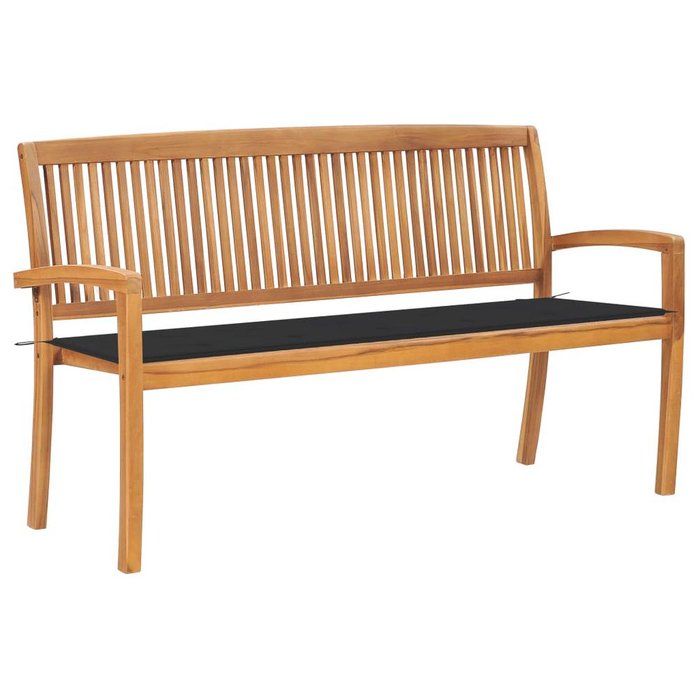 vidaXL Stacking Patio Bench with Cushion 62.6" Solid Teak Wood, 3063306. Picture 1