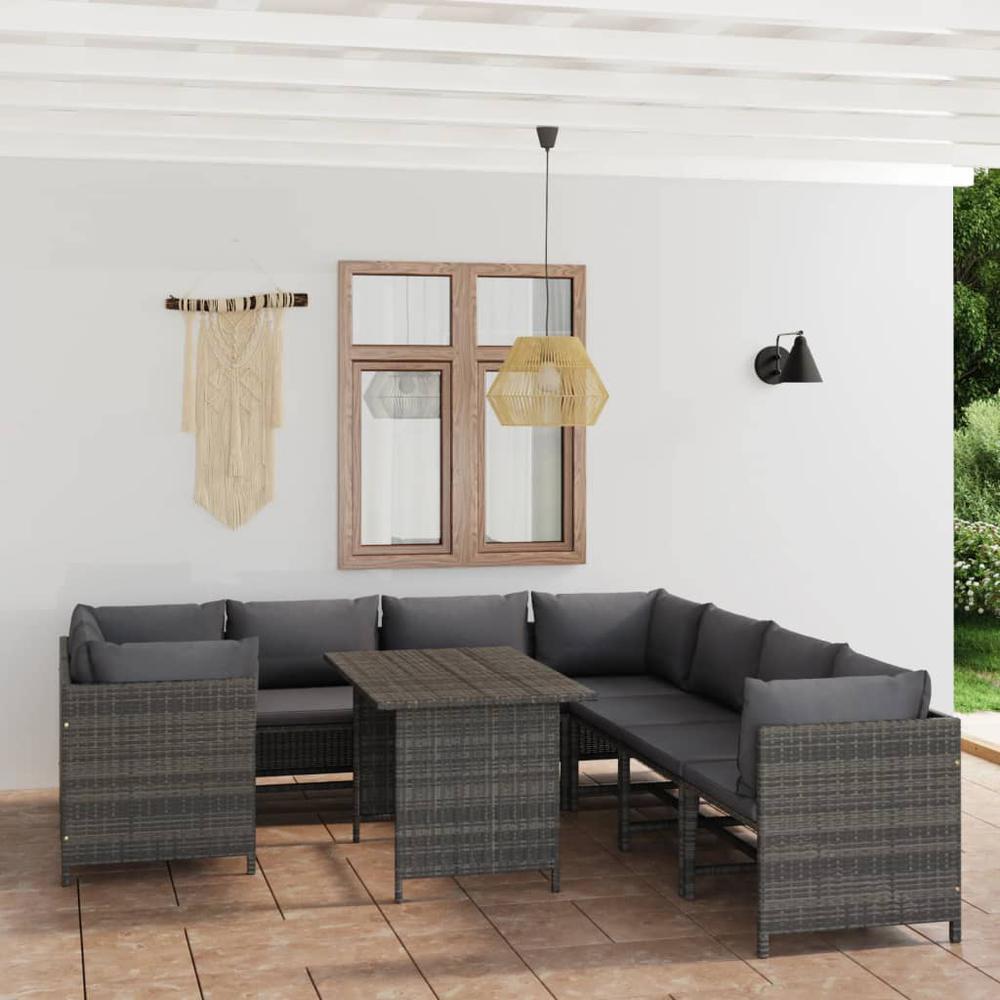 vidaXL 9 Piece Patio Lounge Set with Cushions Poly Rattan Gray, 3059772. Picture 12
