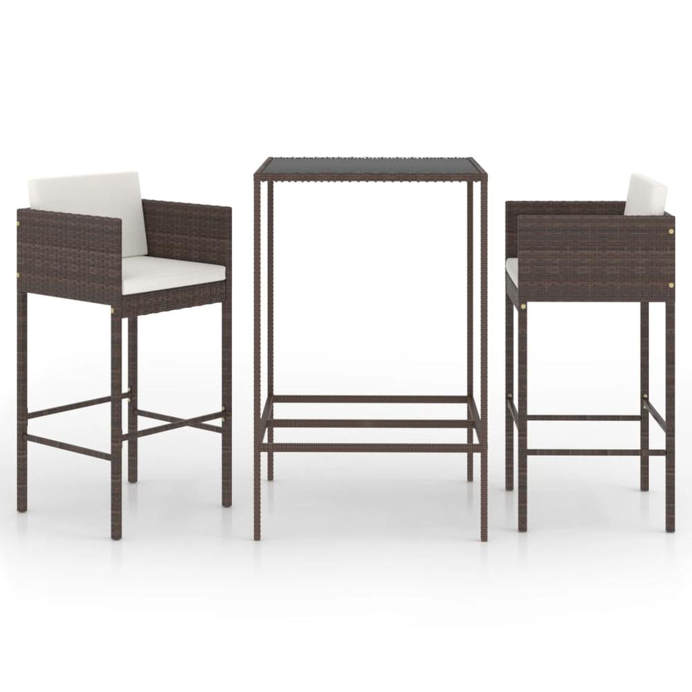 vidaXL 3 Piece Patio Bar Set with Cushions Poly Rattan Brown, 3094786. Picture 2