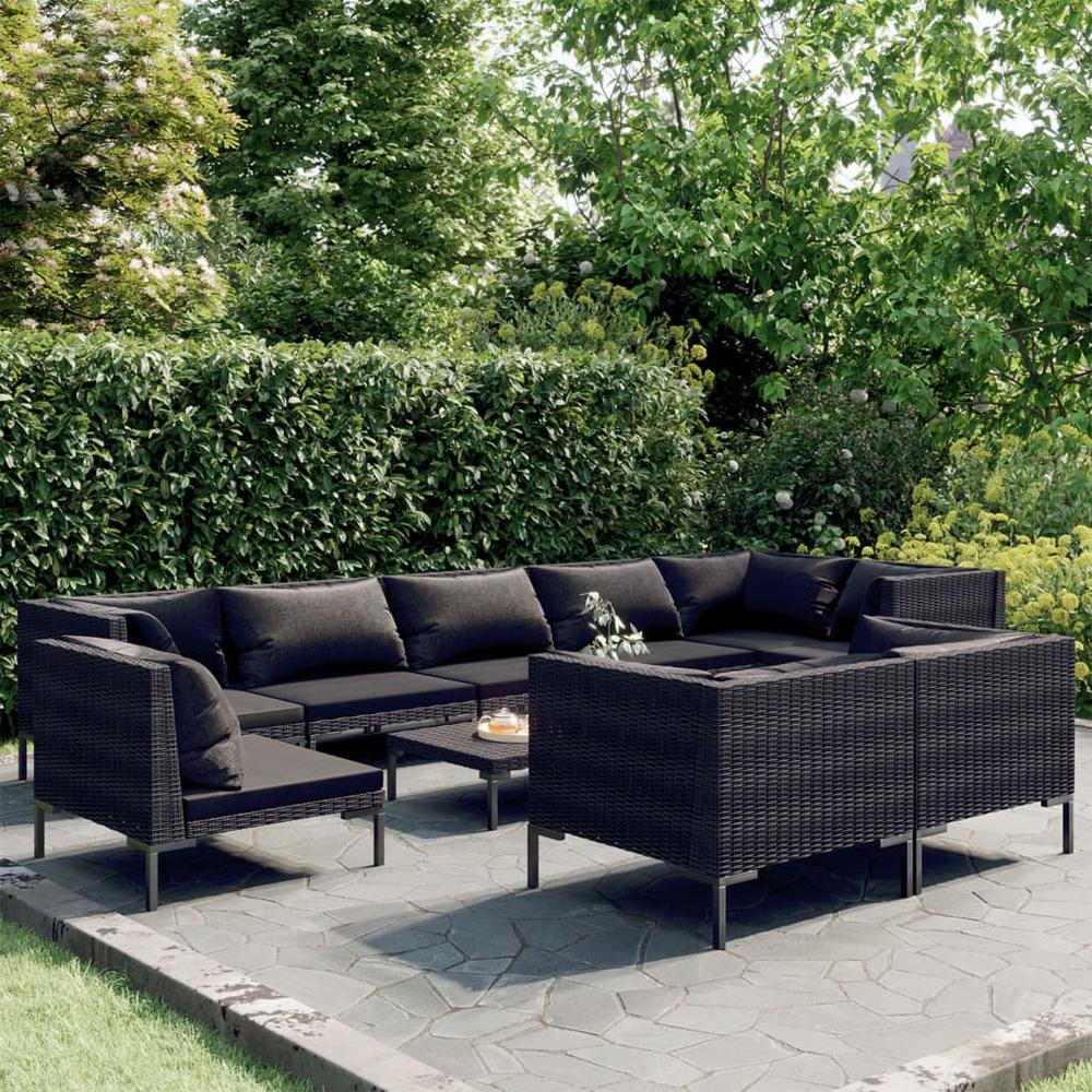 vidaXL 10 Piece Patio Lounge Set with Cushions Poly Rattan Dark Gray, 3099875. Picture 1