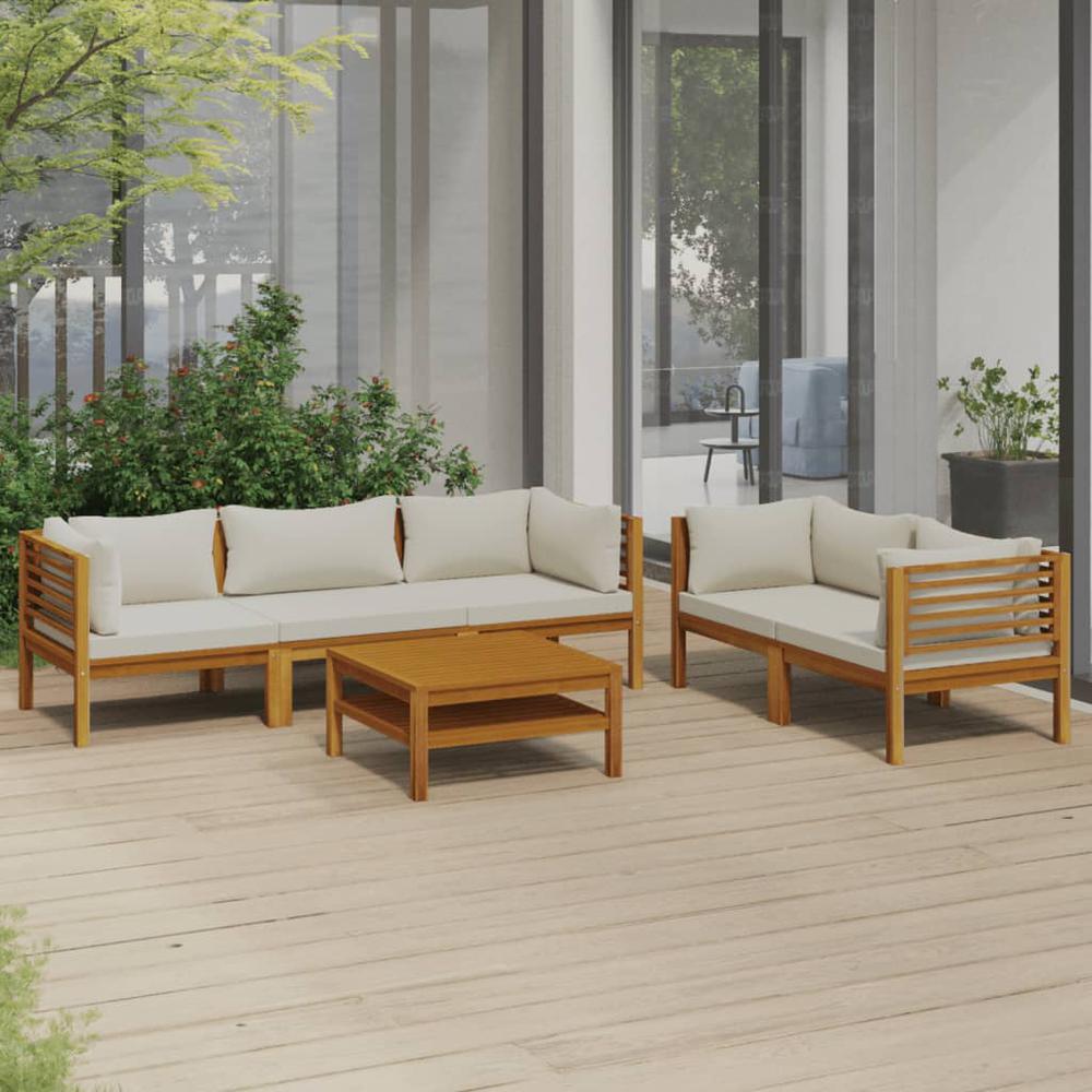 vidaXL 6 Piece Patio Lounge Set with Cream Cushion Solid Acacia Wood, 3086935. Picture 1
