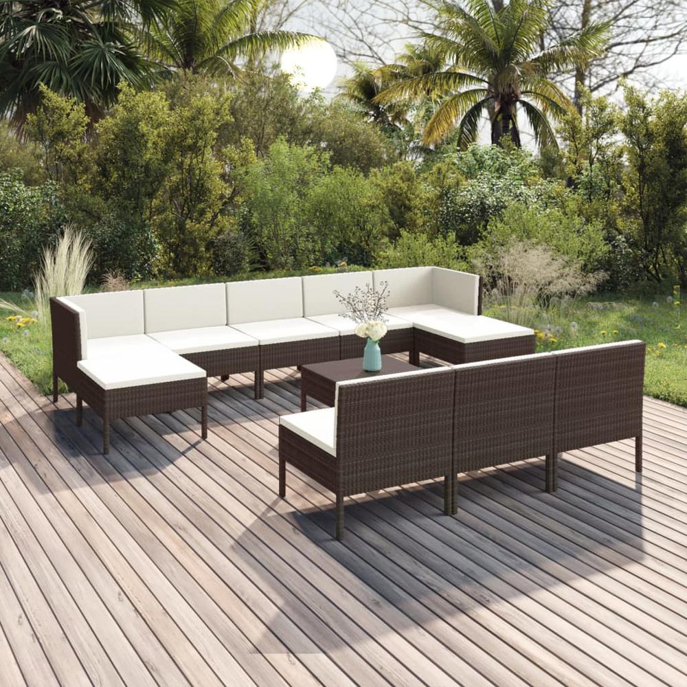 vidaXL 11 Piece Patio Lounge Set with Cushions Poly Rattan Brown, 3094571. Picture 1