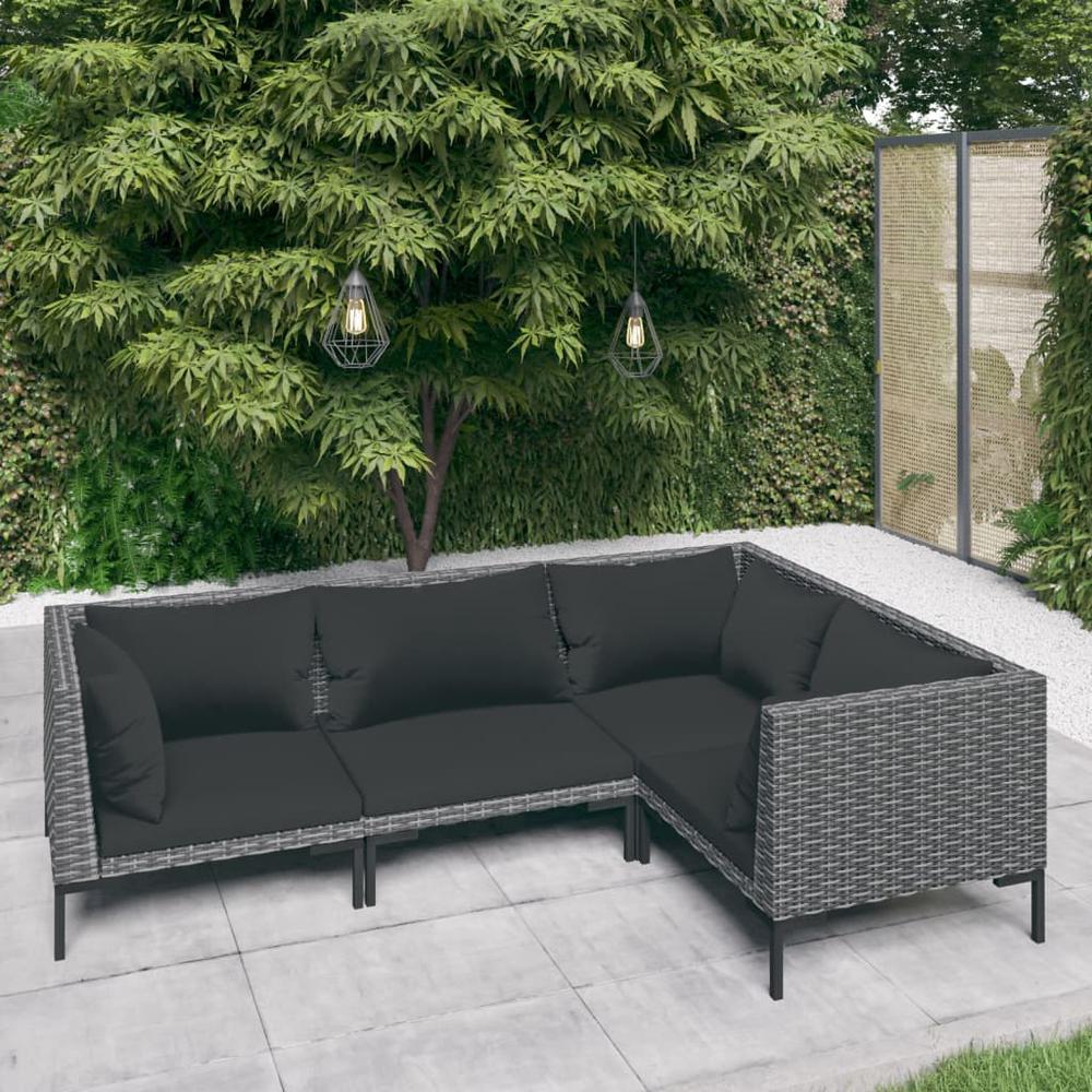 vidaXL 4 Piece Patio Lounge Set with Cushions Poly Rattan Dark Gray, 3099836. Picture 1