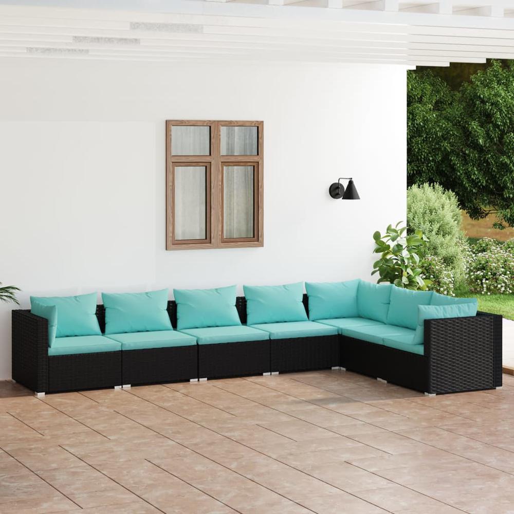 vidaXL 7 Piece Patio Lounge Set with Cushions Poly Rattan Black, 3101737. Picture 1