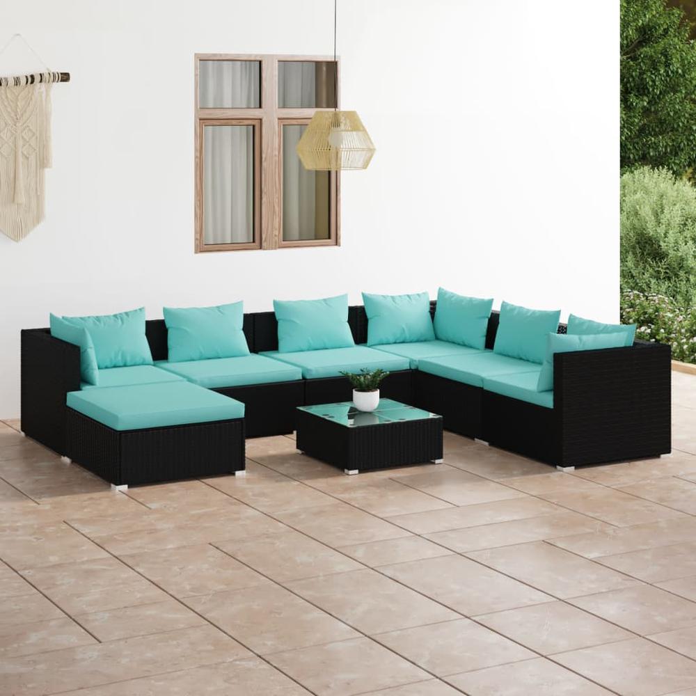 vidaXL 8 Piece Patio Lounge Set with Cushions Poly Rattan Black, 3101849. Picture 1