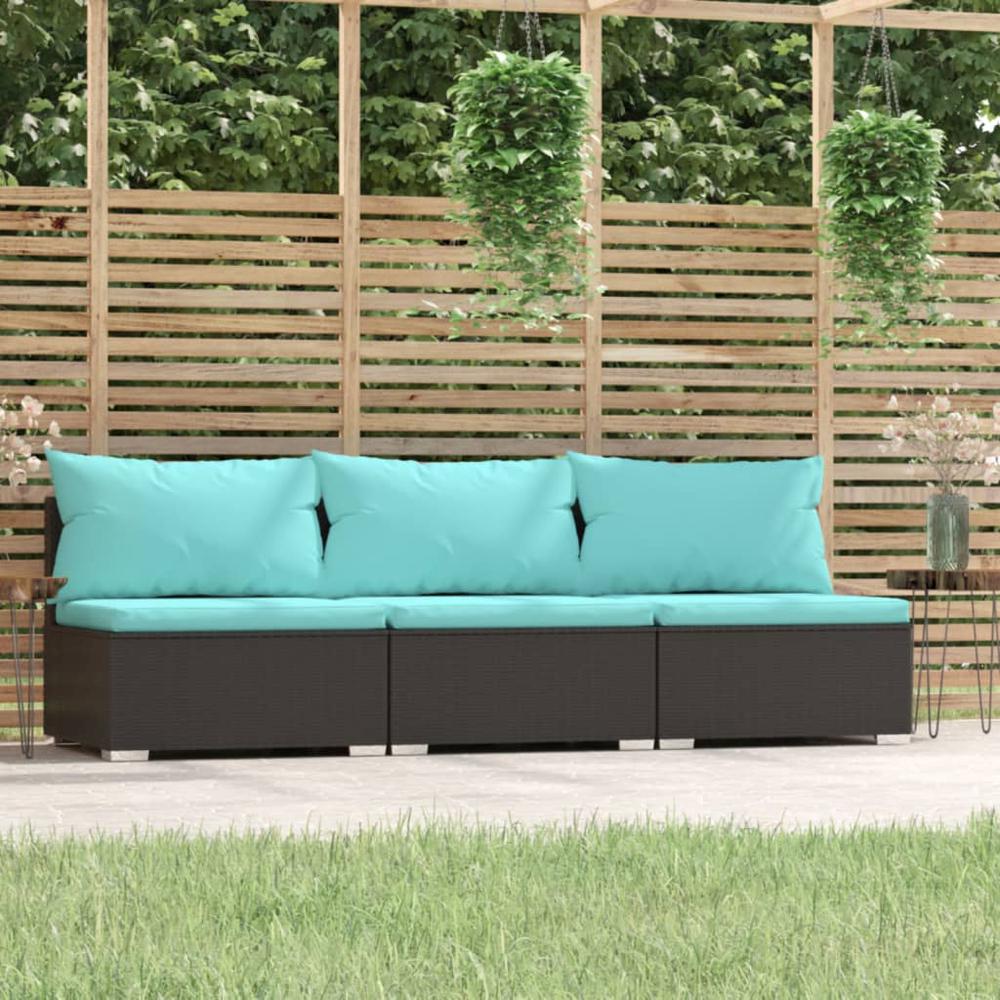 vidaXL 3-Seater Sofa with Cushions Black Poly Rattan, 317539. Picture 1