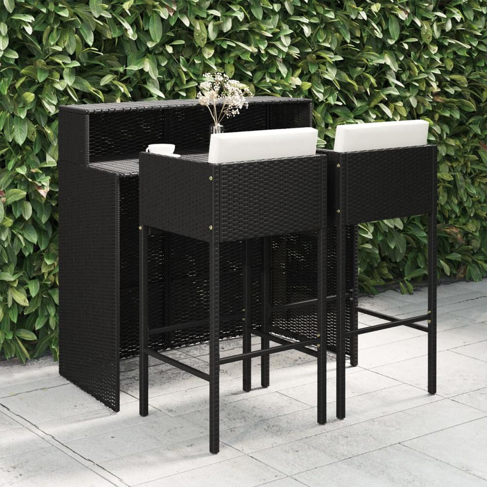 vidaXL 3 Piece Patio Bar Set with Cushions Poly Rattan Black, 3094807. The main picture.