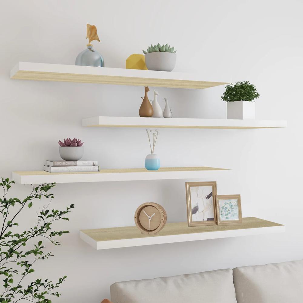 vidaXL Floating Wall Shelves 4 pcs Oak and White 35.4"x9.3"x1.5" MDF. Picture 1