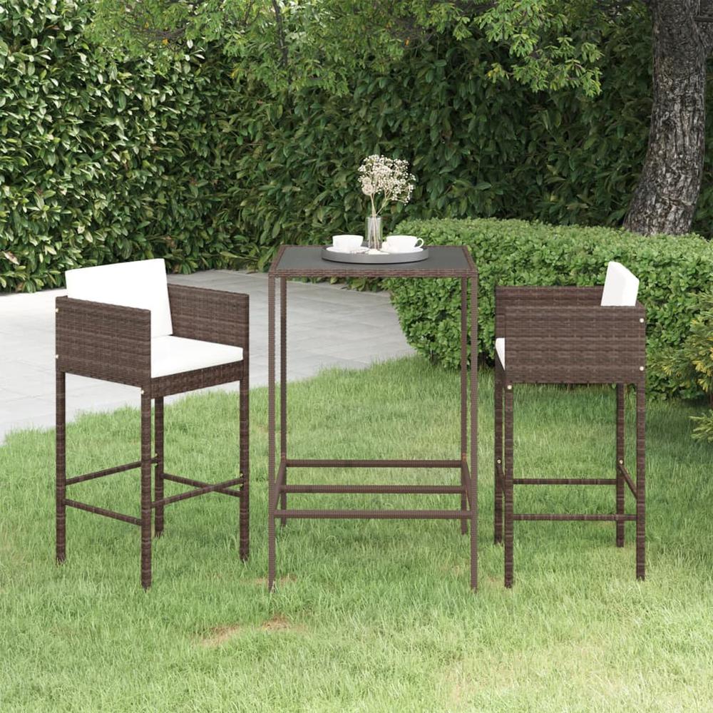 vidaXL 3 Piece Patio Bar Set with Cushions Poly Rattan Brown, 3094786. Picture 1