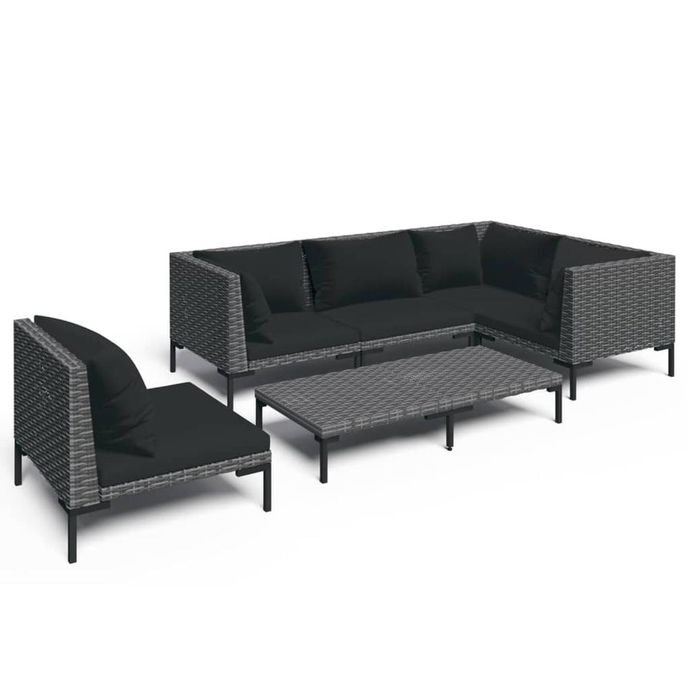 vidaXL 6 Piece Patio Lounge Set with Cushions Poly Rattan Dark Gray, 3099853. Picture 2