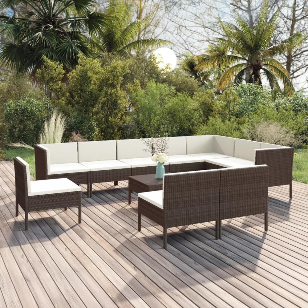 vidaXL 11 Piece Patio Lounge Set with Cushions Poly Rattan Brown, 3094451. Picture 1