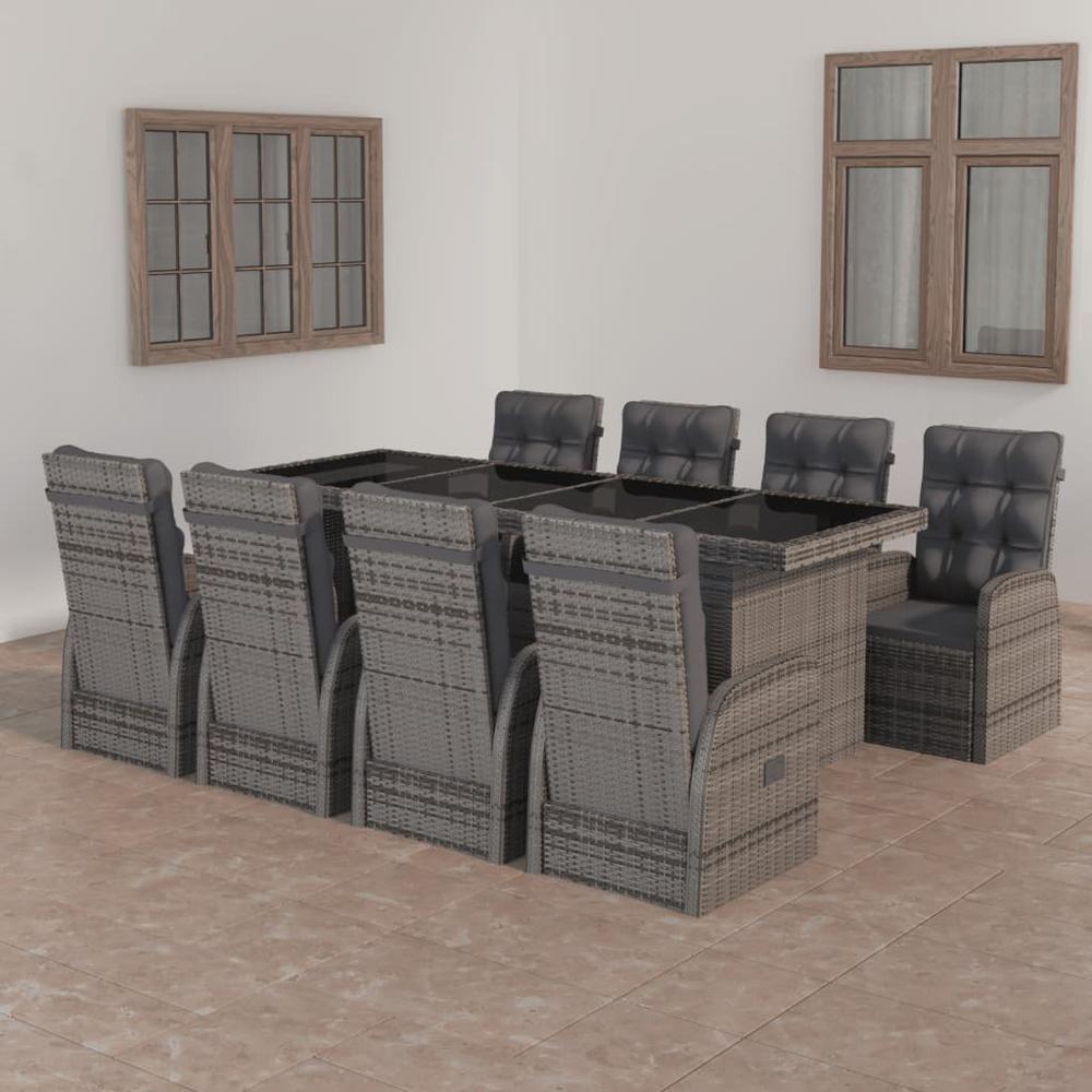 vidaXL 9 Piece Patio Dining Set with Cushions Poly Rattan Gray, 3059340. Picture 1