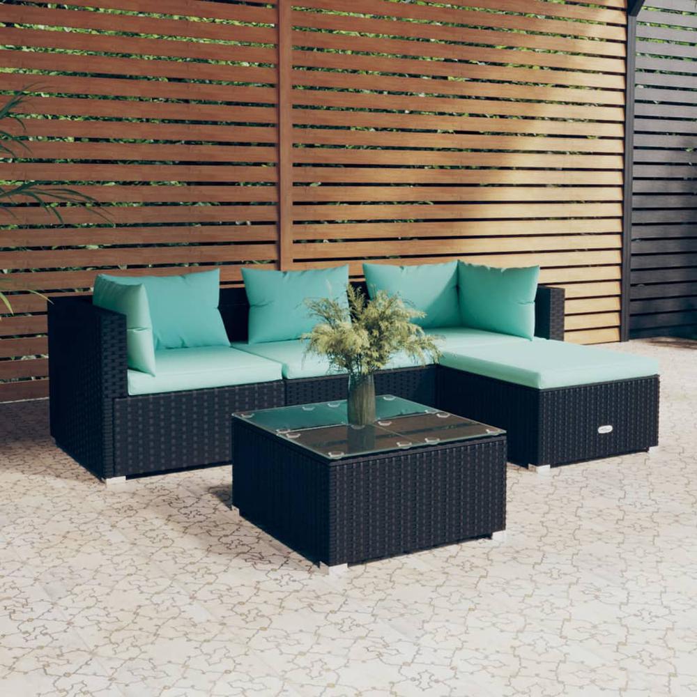 vidaXL 5 Piece Patio Lounge Set with Cushions Poly Rattan Black, 3101649. Picture 1