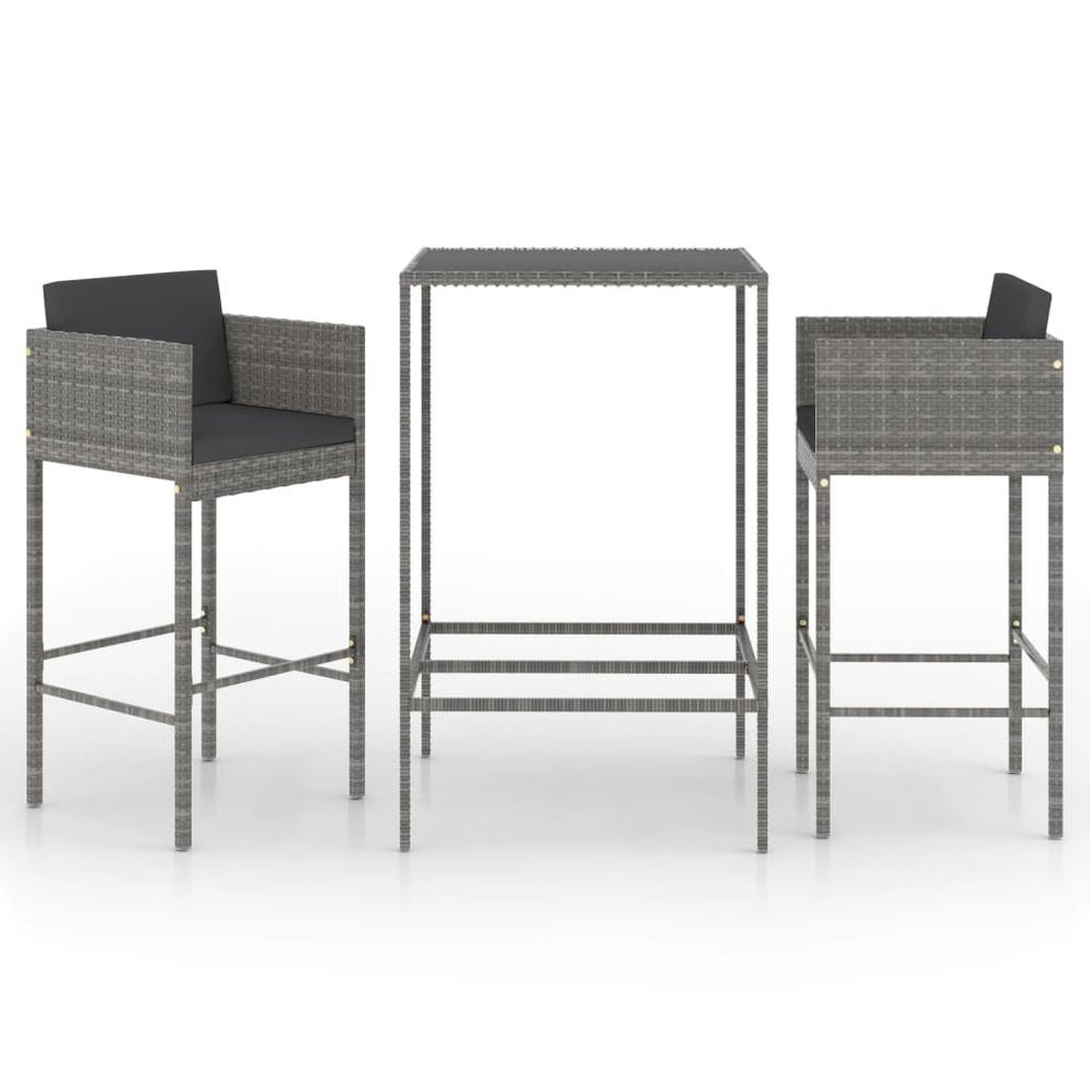 vidaXL 3 Piece Patio Bar Set with Cushions Poly Rattan Gray, 3094788. Picture 2